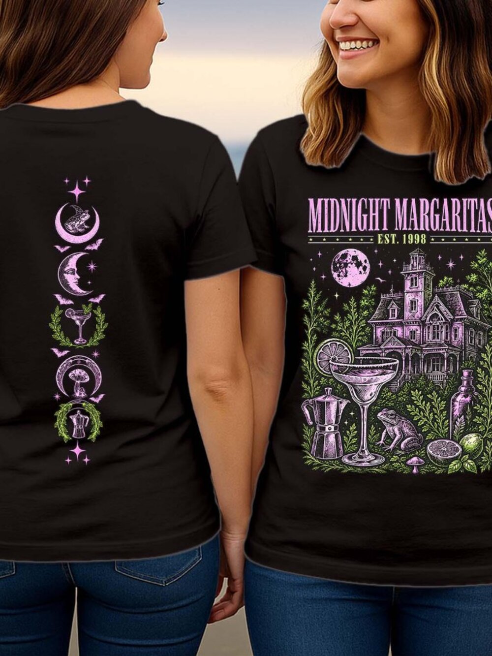 Midnight Margaritas Front Back Print Tops Witch Magic Victorian House Halloween